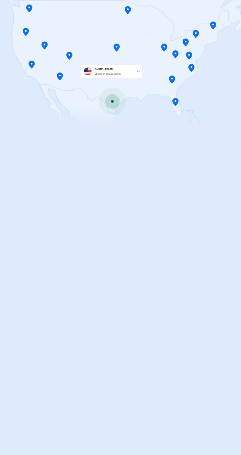 Mapa dos EUA com alfinetes no mapa significando locais de servidores